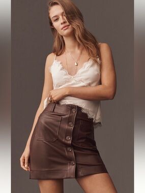 Anthropologie Preppy Coquette Faux Leather Button Front Mini Skirt NWT M Cocoa